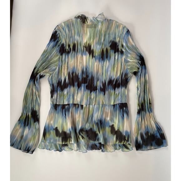 Y2k Coquette LARGE Sheer Ruffle Blouse Blue Long Sleeve Tie Front Crepe Fairy - Picture 8 of 8